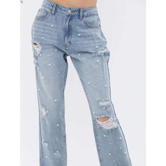 Vocal PEARL EMBELLISHED FRONT RIPPED JEANS LG NWT - Picture 2 of 5